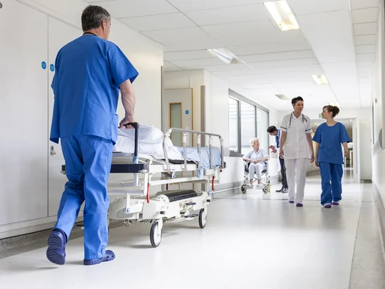 Medical staff in a hospital corridor