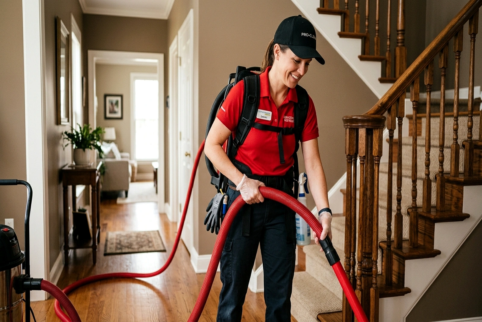 Peerless cleaning technician working in a home with professional extraction equipment