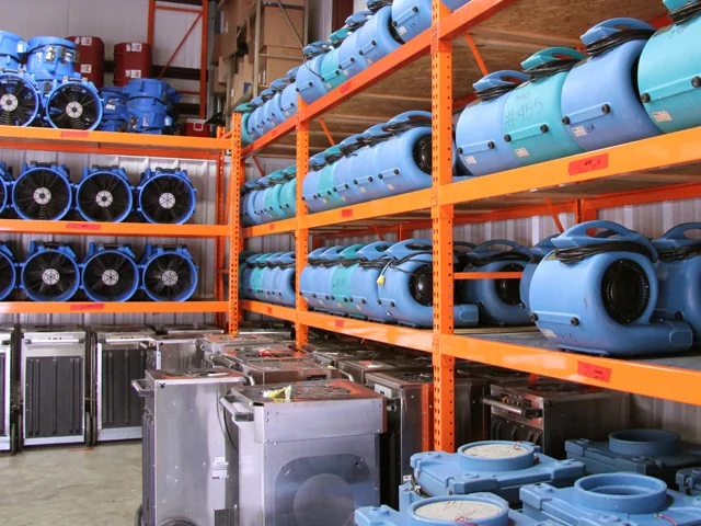 Peerless warehouse stocked with drying fans and dehumidifiers